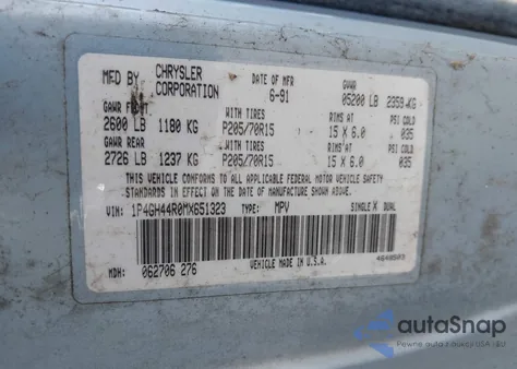 1991 Plymouth Grand Voyager Se из США, поврежденный, VIN 1P4GH44R0MX651323